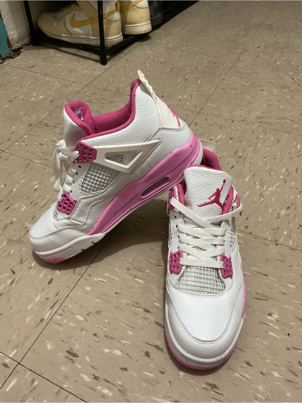 Jordan Girls White and Pink Retro 4 Basketball Shoes